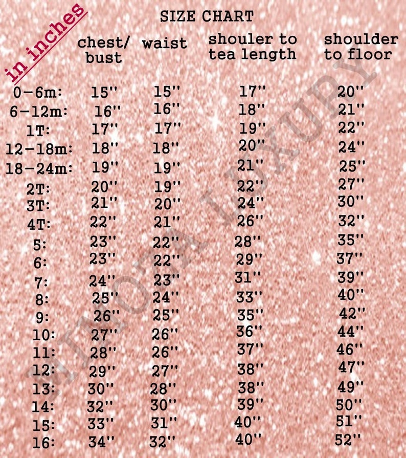 Pu&ograve; includere: Tabella delle taglie per abbigliamento per bambini con misure in pollici per petto/busto, vita, spalla alla lunghezza del t&egrave; e spalla a terra. La tabella include le taglie da 0-6 mesi a 16.