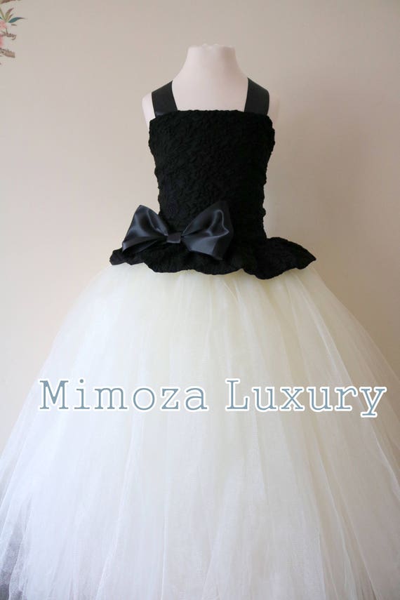Black & Ivory Flower Girl Dress, Black bridesmaid dress, couture flower girl gown, bespoke girls dress, tulle princess dress, Black tutu
