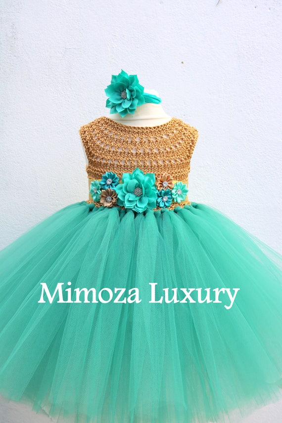 Teal green & Gold Flower girl dress, teal green tutu dress, bridesmaid dress, princess dress, silver crochet top teal green tulle dress