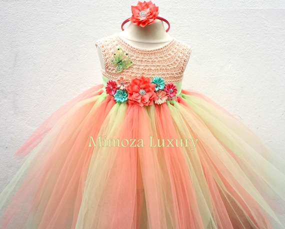 Mint Coral Peach Flower girl dress, mint coral tutu dress,bridesmaid dress, princess dress, crochet top tulle dress, hand knit tutu dress