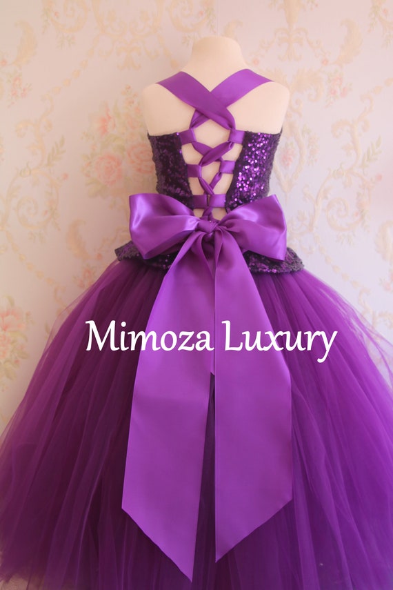 Purple Sequin Flower Girl Dress, Purple bridesmaid dress, couture flower girl gown, bespoke girls dress, tulle princess dress, Purple gown
