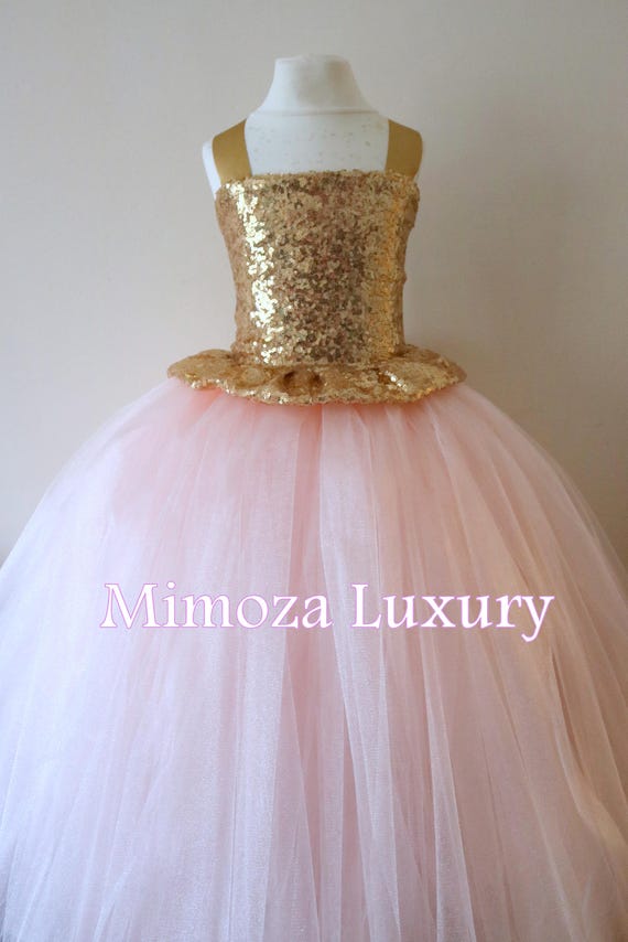 Gold Blush Flower Girl Dress, gold bridesmaid dress, couture flower girl gown, bespoke girls dress, tulle princess dress, gold blush tutu