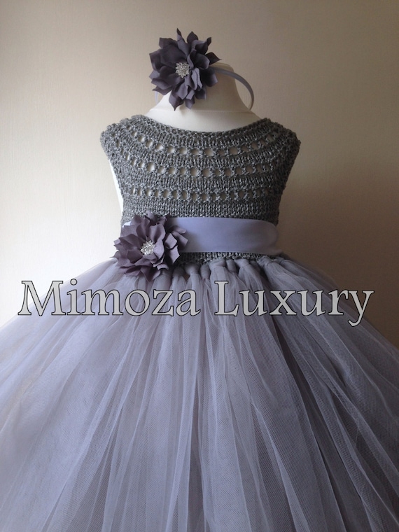 Silver Gray Grey Flowergirl dress, tutu dress, bridesmaid dress, princess dress, silk crochet top tulle dress, hand knit silk top tutu dress