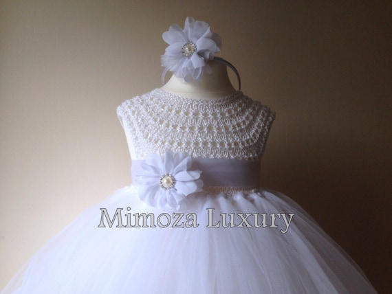 Baptism tutu dress, Christening tutu dress, White Flower girl dress, tutu dress, bridesmaid dress, princess dress, crochet top tulle dress