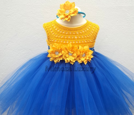 Blue yellow tutu dress, birthday dress outfit , 1st birthday dress, crochet top tulle dress, yellow blue tutu dress, yellow blue birthday