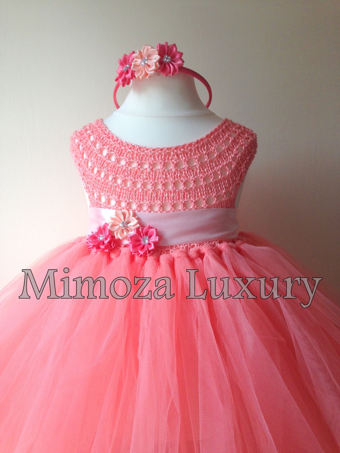 Coral Tonal Seersucker Dress With Flowers