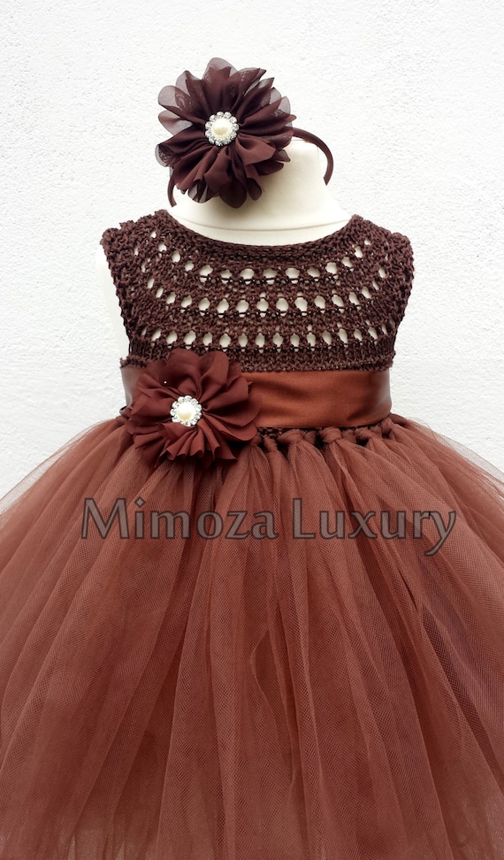 Chocolate Brown Flower girl dress, tutu dress, bridesmaid dress, brown princess dress, crochet top tulle dress,  brown yarn tutu dress