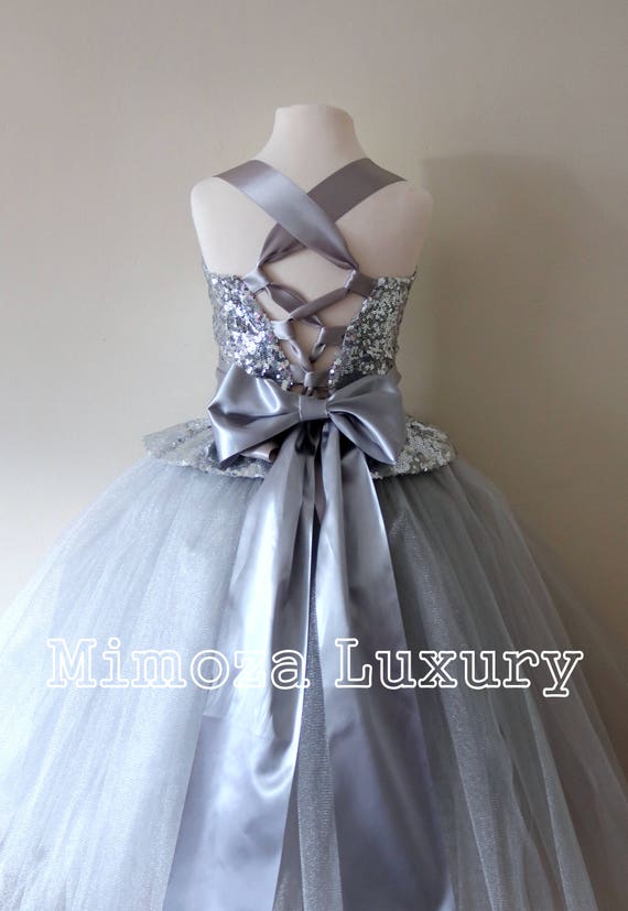 Silver Flower Girl Dress, silver bridesmaid dress, couture flower girl gown, bespoke girls dress, tulle princess dress, silver sequin gown