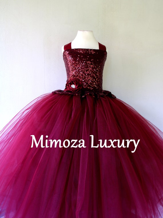 Christmas luxury dress, Burgundy sequins Flower Girl Dress, burgundy girls tulle dress