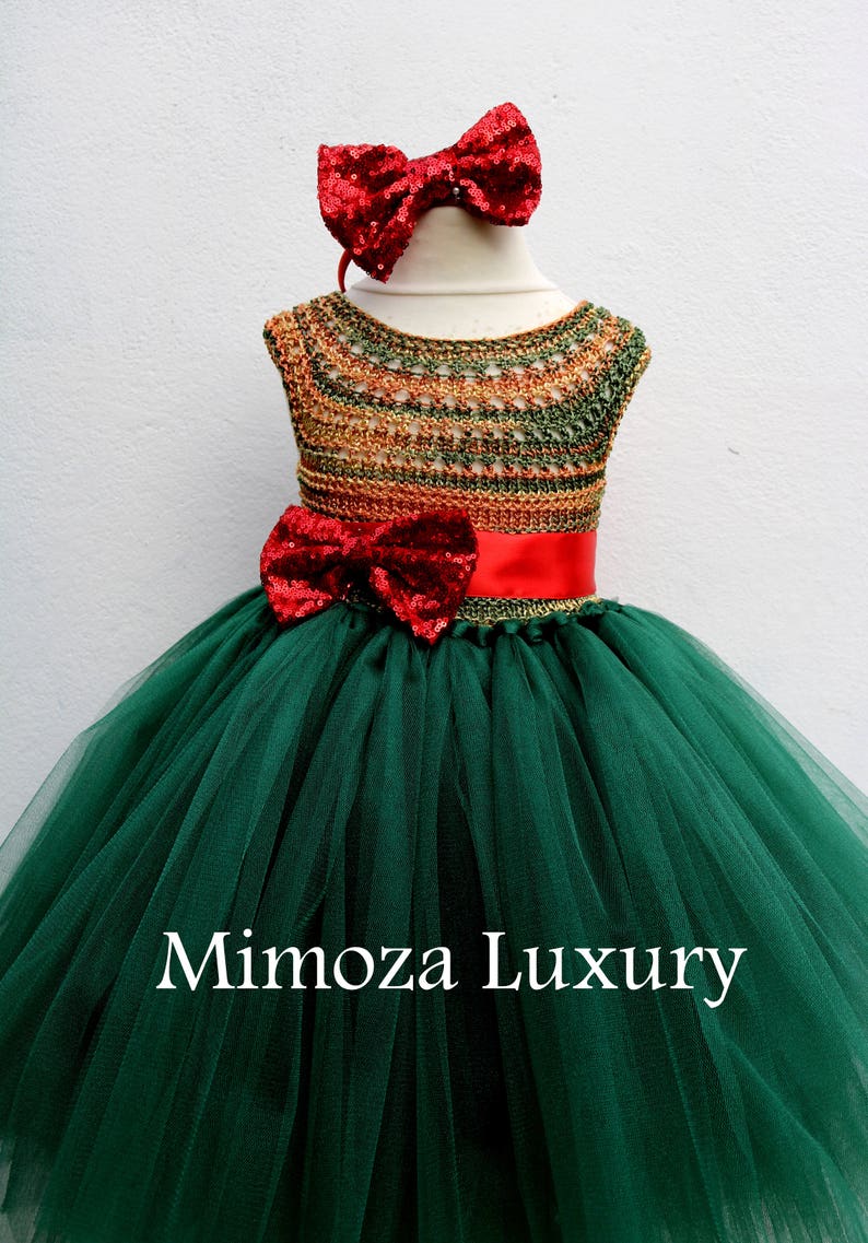 red green princess dress Christmas eve dress emerald crochet top tulle dress Christmas tutu dress Christmas green elf tutu dress