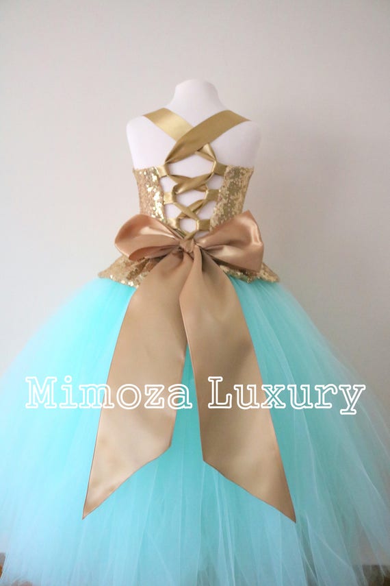 Mint & Gold Flower Girl Dress, mint bridesmaid dress, couture flower girl gown, bespoke girls dress, tulle princess dress, Gold sequin dress