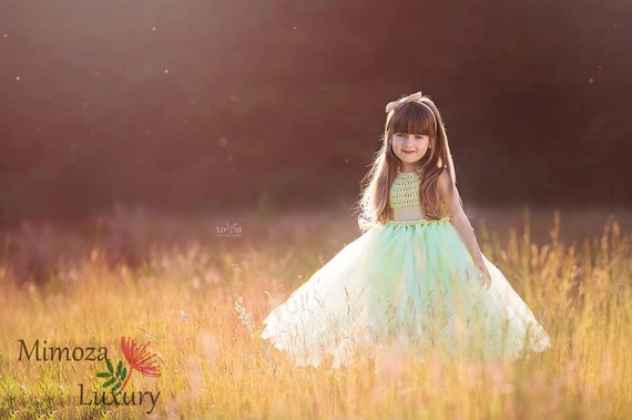 Mint Gold Flower girl dress, tutu dress, bridesmaid dress, princess dress, mint crochet top tulle dress, knit tutu dress mint gold