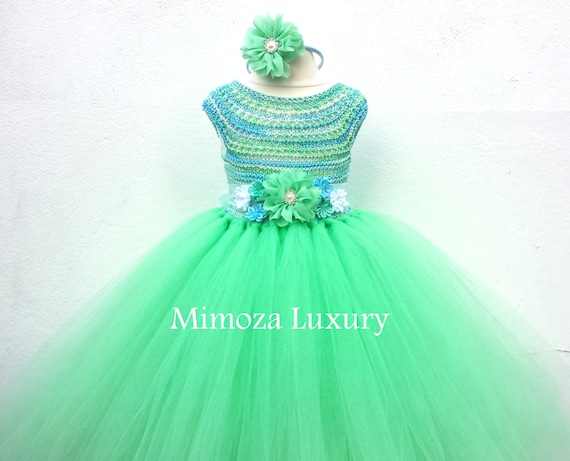 Mint Green Blue Flower girl dress, tutu dress, bridesmaid dress, princess dress, mint crochet top tulle dress, knit tutu dress mint