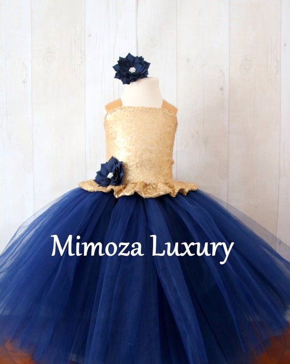 Gold & Navy Blue Flower Girl Dress, Gold sequin bridesmaid dress, Gold flower girl gown, bespoke girls dress, Navy tulle princess dress