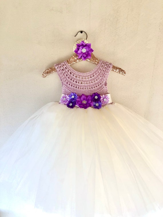 French Lilac flower girl dress, ivory tutu dress, tulle bridesmaid dress, crochet top tulle dress