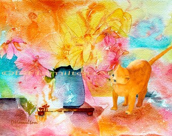 Flowers and Kitten, Watercolor Flowers Print with Cat