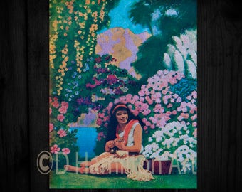 Digital Download Hawaiian Hula Girl Playing the Ukulele and surrounded with beautiful flowers on Christmas Day 1935