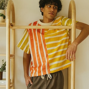 T-shirt a righe, t-shirt in cotone biologico, box top, righe a blocchi di colore