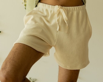 Ribbed Hemp Short, Organic Genderless Clothing, Plant dyed Pocket Shorts, Natural Tie Pant