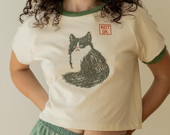 Kitty Cat T-Shirt, Organic Cotton Raglan, Boxy Crop Top Genderless Shirt