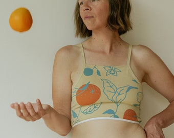 Sujetador de algodón orgánico, naranjas, bralette con estampado de cítricos, lencería ecológica