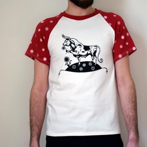 Ferdinand T-Shirt, Organic Cotton Ferdinand the Bull Shirt, Raglan Unisex Tee, Red and White Floral Print image 1