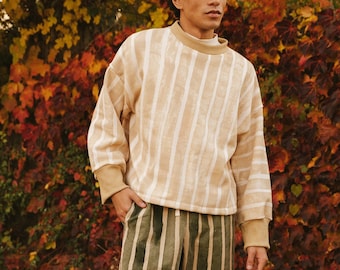 Tan Stripe Sweatshirt, Organic Cotton and Hemp, Oversized Crewneck Sweater
