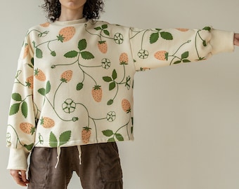 Strawberry Print Sweatshirt, Organic Cotton and Hemp, Oversized Crewneck