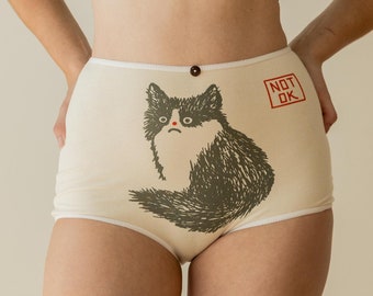 Organic Cat Underwear, High Waisted Womens Panties, Not Ok Kitty Print Undies