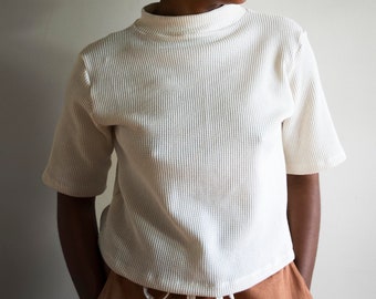 Mock Neck Shirt, Organic Thermal Tee, Cropped Tee, Genderless Organic Cotton Waffle Shirt