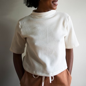 Mock Neck Shirt, Organic Thermal Tee, Cropped Tee, Genderless Organic Cotton Waffle Shirt