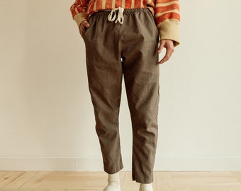 Hemp Linen Pants, Solid Brown Trousers, Organic Elastic Tie Pant, Tapered Leg