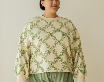 Plant Print Sweatshirt, Organic Cotton, Oversized Willow Crewneck