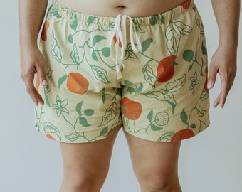 Bio Citrus Shorts, Orangen Druck, Tasche Kurz, Hanf Baumwolle Muster Kleidung