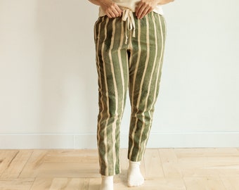 Hemp Linen Pants, Green Stripe Trousers, Organic Elastic Tie Pant, Tapered Leg