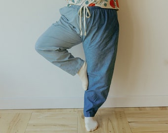 Hemp Linen Pants, Color-Block Blue Trousers, Organic Elastic Tie Pant, Indigo Tapered Leg Slacks