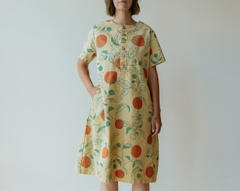 Oranges Kleid, Knopfleiste Kleid, Hanf Leinen Tunika mit Zitrus Drucken Taschen