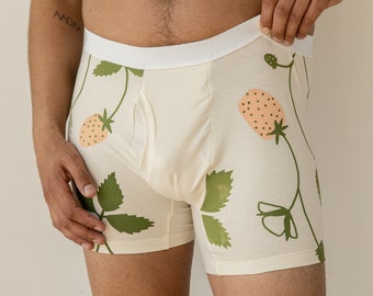 Organic Boxer Brief or Brief, Strawberry Print Underwear, Made to Order Briefs