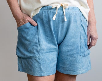 Hemp Lounge Short, Genderless Clothing, Plant dyed Pocket Shorts, Sky Blue Tie Pants