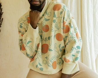 Oranges Print Sweatshirt, Organic Cotton and Hemp, Oversized Floral Crewneck