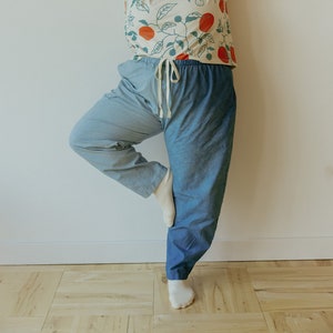 Hemp Linen Pants, Color-Block Blue Trousers, Organic Elastic Tie Pant, Indigo Tapered Leg Slacks image 1