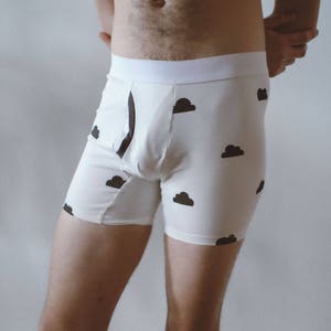 Mens Boxers, Organic Underwear, Screen Printed Briefs, Black Clouds Print, Organic Cotton Trunks