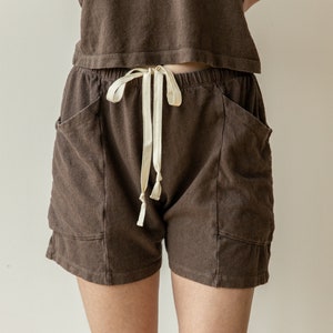 Hemp Lounge Short, Genderless Clothing, Plant dyed Pocket Shorts, Dark Brown Tie Pants image 1