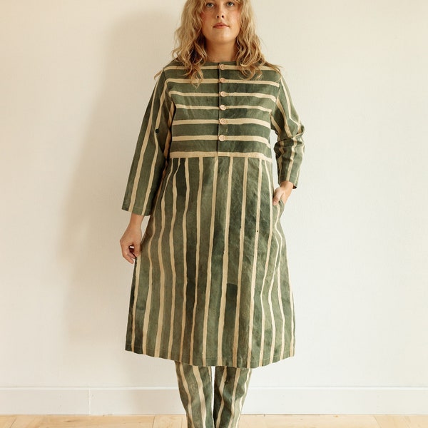 Organic Stripe Dress, Button Front Reversible Dress, Green Striped Hemp Linen Tunic with pockets