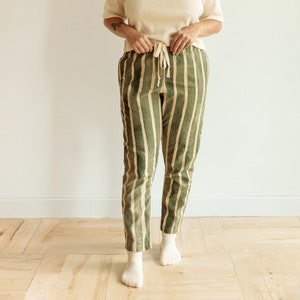 Hemp Linen Pants, Green Stripe Trousers, Organic Elastic Tie Pant, Tapered Leg