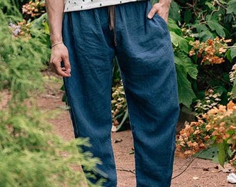 Hemp Linen Pants, Indigo Trouser, Elastic Tie Pant, Barrel Pant