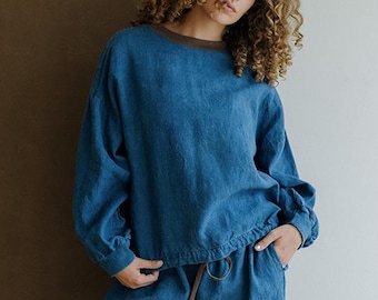 Hemp Long Sleeve,  Indigo Blue Tie Bottom Cuff Shirt, Unisex Clothing