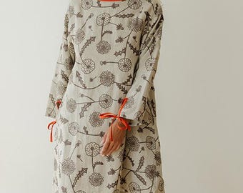 Natural Hemp Dress, Dandelion Print, Floral Long Sleeve Tunic