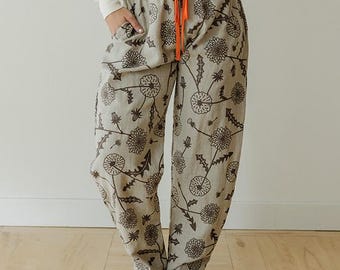 Hemp Linen Pants, Flower Print Trouser, Elastic Tie Pant, Barrel Pant