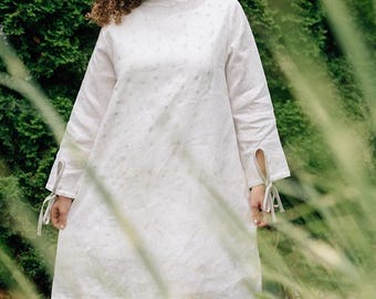 White Hemp Dress, Polka-dot Print, Tie Sleeve Tunic